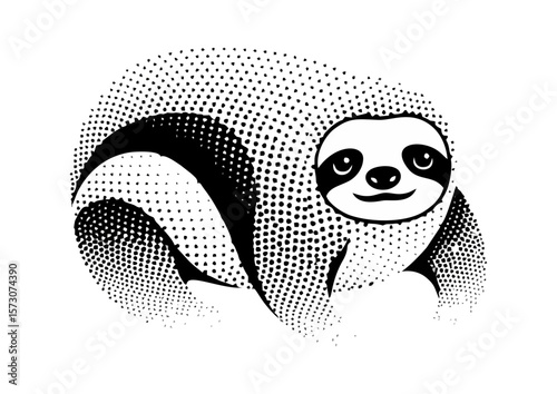 Stylized black and white sloth illustration with dotted texture 