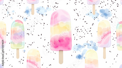 Watercolor background pattern ice cream on a stick on white background
