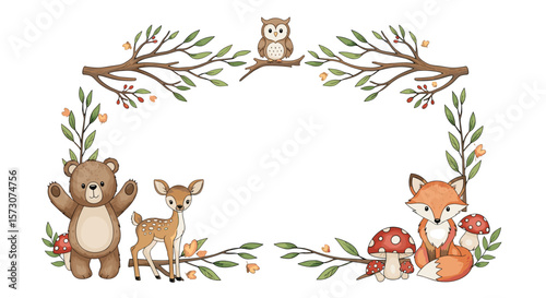 Charming woodland creatures and natural foliage create a whimsical border for your creative projects