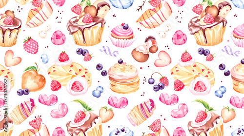 Watercolor Sweet desserts pattern on white background
