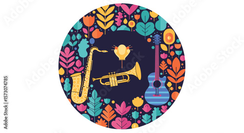 Celebrate the vibrant world of music with diverse instruments and artistic floral decorations