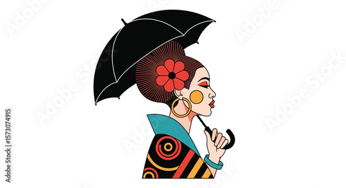 Elegant woman adorned with a black umbrella and vibrant accessories demonstrating artistic flair and cultural expression