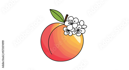 Delicious juicy peach adorned with delicate white blossoms and green leaf showing off its ripe natural beauty
