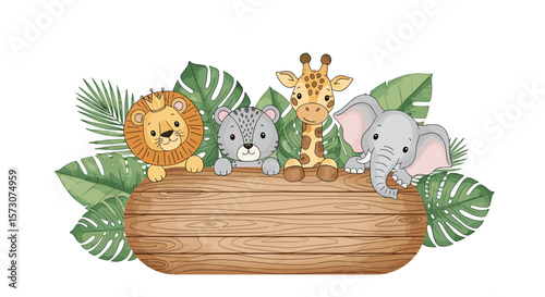 Adorable watercolor safari animals on a rustic wooden sign surrounded by lush green jungle leaves for a wild birthday party invitation