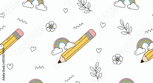 Whimsical pencil and cloud rainbow illustrations for creative play and artistic expression for kids