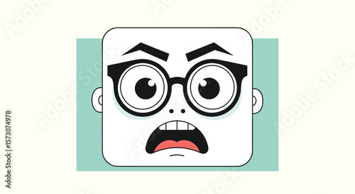 Surprised cartoon face with glasses expression shocked emotion open mouth illustration