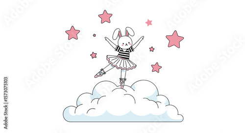 Enchanting ballerina dancer ascending amidst twinkling stars on fluffy clouds