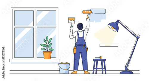 A professional house painter expertly transforms interior walls with fresh paint and modern tools for a beautiful home renovation project