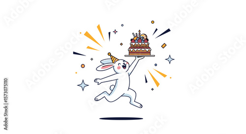 A whimsical dog wearing a party hat celebrates with a multi-layered birthday cake sparkles and confetti fill the air around