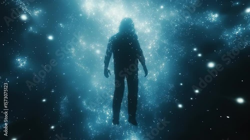 Person Floating in Space with Glowing Aura – Futuristic and Surreal Concept