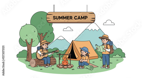 Exciting outdoor summer camp adventure for young explorers discovering nature and friendship