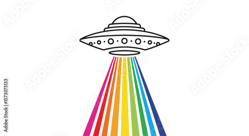 A vibrant rainbow beam emanates from a flying saucer ufo a whimsical and colorful extraterrestrial encounter illustration