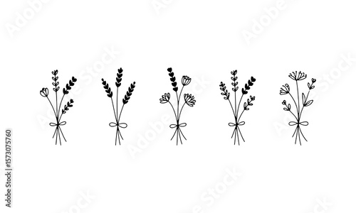 Linear Botanical Flowers. A mix of hand-drawn flower stems and buds arranged in a soft and elegant linear style, ideal for natural graphic compositions.