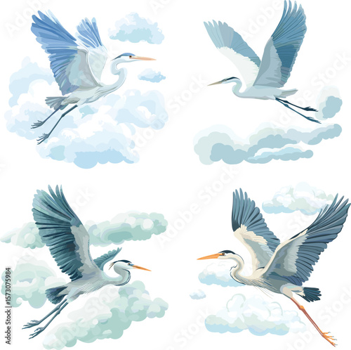 Cute Heron bird flying on clouds vector style on white background