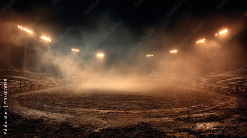 Obraz premium Stunning photo of desolate rodeo arena illuminated by bright lights and lingering smoke. Concept Rodeo Arena, Bright Lights, Smoke, Desolate Setting.