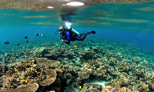 Underwater coral reef scene with diver