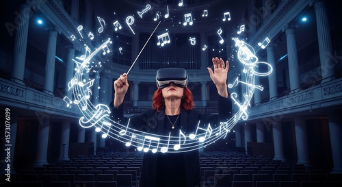 Wallpaper Mural Conductor with a VR headset leading a virtual orchestra of glowing musical notes. (AI Generated) Torontodigital.ca