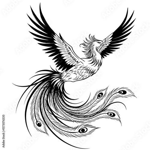 Mythical phoenix bird flying with elegant feathered tail design  in Asian style