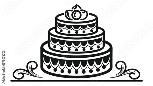 Elegant black and white three tier cake with decorative flourishes