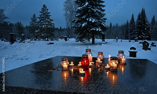 Winter Cemetery with Candlelight