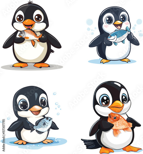 Cute Penguin eating fish vector style on white background 
