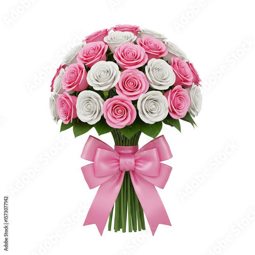 3D illustration bouquet of pink and white roses tied with decorative pink bow, romantic theme, isolated on white background