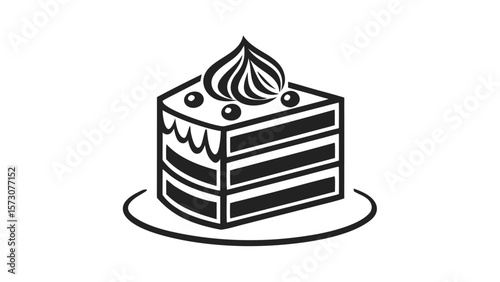 Stylized black and white illustration of a square slice of layered cake with frosting and berries