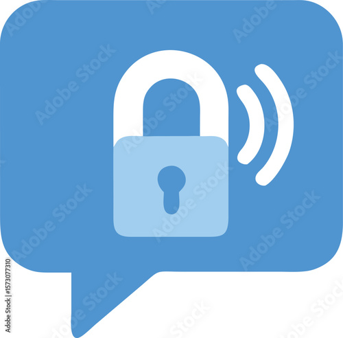 Vector art of a blue speech bubble icon displays a lock symbol, representing secure communication