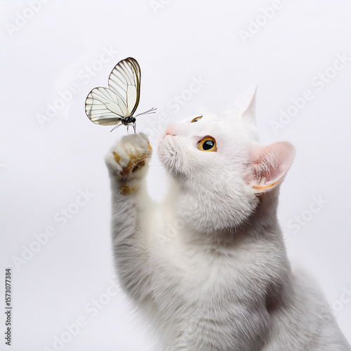 chat, chaton, animal, animal de compagnie, papillon, jouer, joli, félin, blanc, isolé, domestique, fourrure, portrait, jeune, adorable, yeux, mammifère, être assis, beau, regardant, chat tigré, petit,