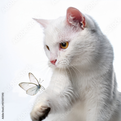 chat, chaton, animal, animal de compagnie, papillon, jouer, joli, félin, blanc, isolé, domestique, fourrure, portrait, jeune, adorable, yeux, mammifère, être assis, beau, regardant, chat tigré, petit,