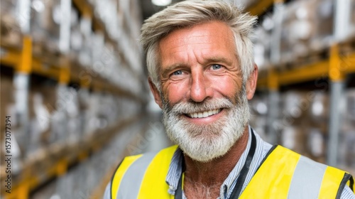 friendly, older male warehouse worker wearing a safety vest stands in a neatly organized storage area. Shelves stocked with boxes create a professional and efficient environment
