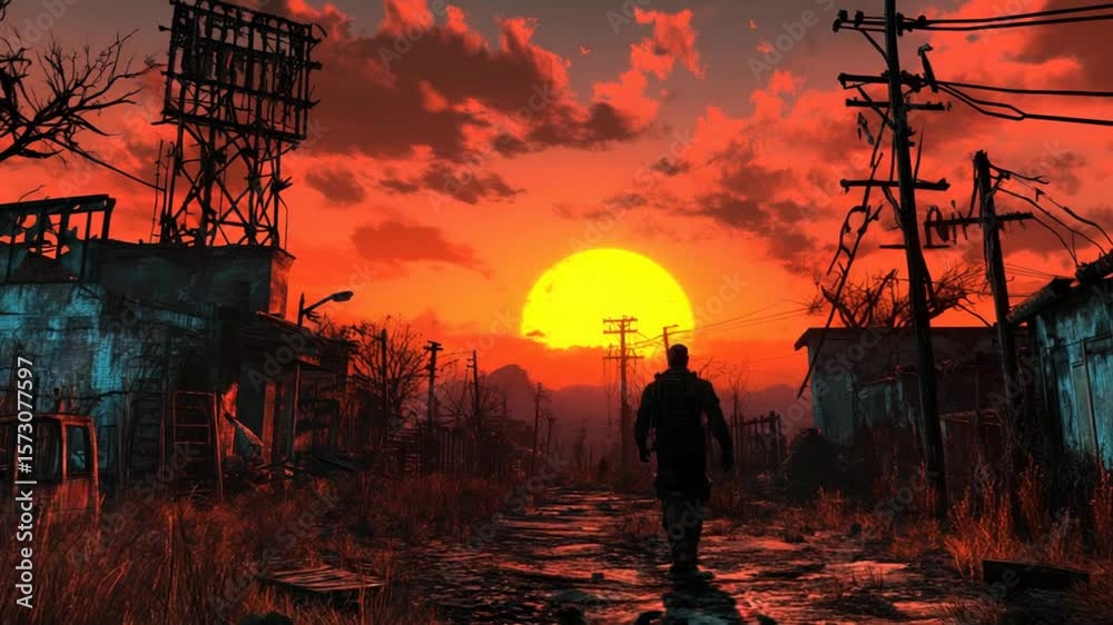Lone Survivor Walks Through Post-Apocalyptic Wasteland at Sunset - Hope Amidst Ruins