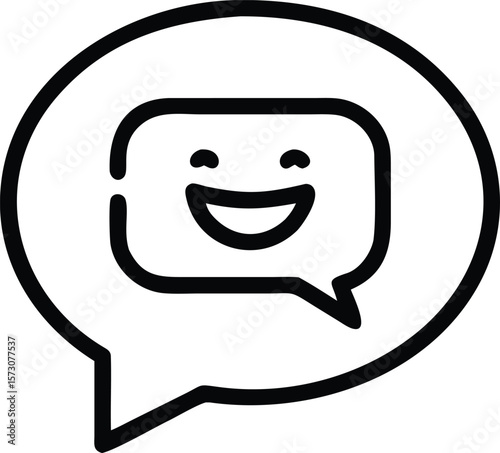 Vector art of a cheerful black and white line art icon of a chat bubble with a happy smiley face
