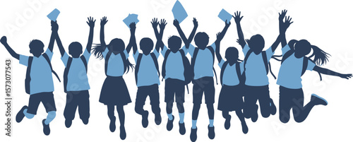 Happy students jumping silhouette with backpacks school kids education concept