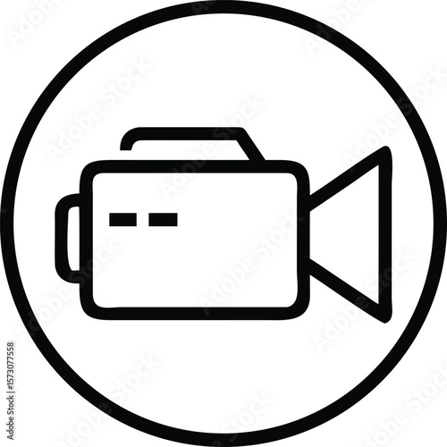 Vector art of a sleek black and white circular icon showcases a video camera, representing recording and media production