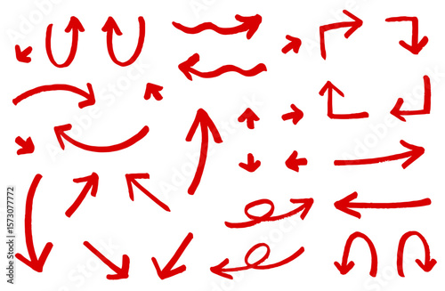 手描きの矢印のイラスト。方向を示すポインターに使える赤色のベクターセット。