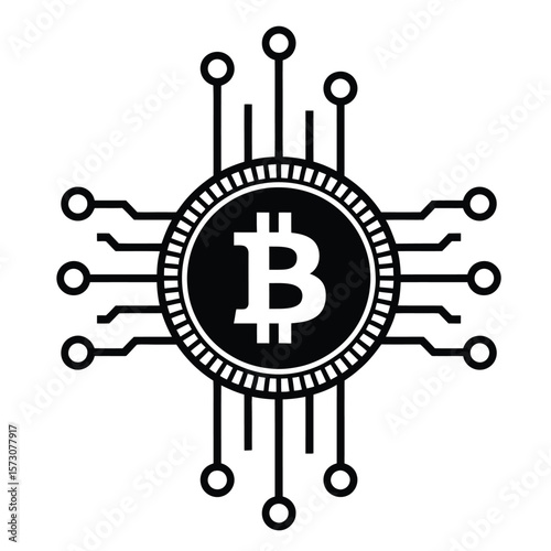 Bitcoin coin icon with circuit background vector black and white illustration