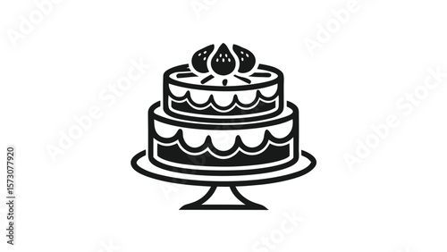 Black and white icon of a two tiered cake decorated with strawberries on a cake stand