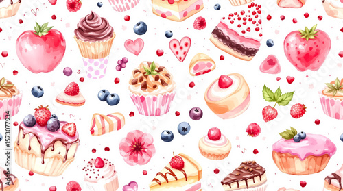 Watercolor Sweet desserts pattern on white background