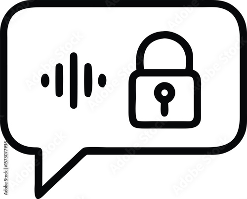 Vector art of a black and white speech bubble icon shows a lock and sound waves, symbolizing secure audio chat
