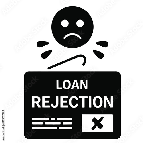 Black and white vector illustration of a loan rejection with a sad face icon representing financial disappointment and denial