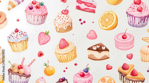 Watercolor Sweet desserts pattern on white background