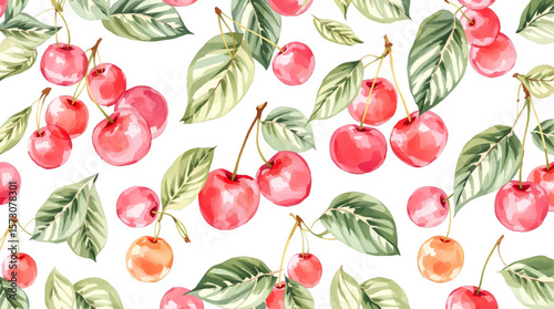 Watercolor pattern red cherries on white background seamless vector pattern