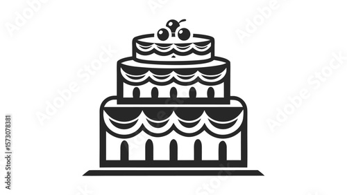 Elegant three tier black and white cake with cherries on top