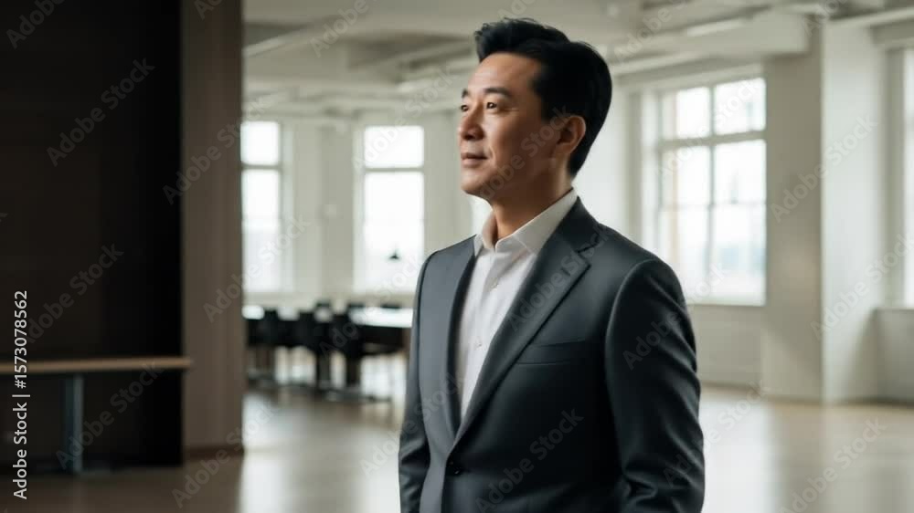 Asian Businessman In Grey Suit Standing Inside Modern Office Building Looking Toward Sunlight Asian Businessman In Grey Suit Standing Inside Modern Office Building Looking Toward Sunlight