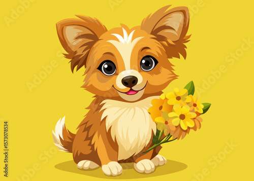 Adorable Longhaired Chihuahua Puppy Holding Yellow Flowers