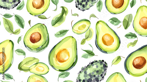 Watercolor background pattern avocado on white background
