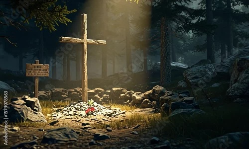 Wooden cross atop a small grave in a dark forest. A sign sits beside it