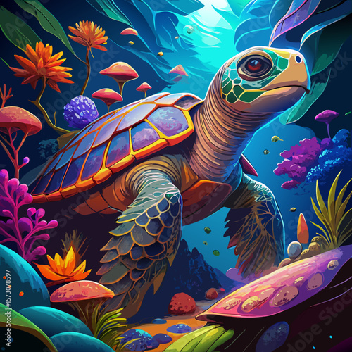 Vibrant Sea Turtle in a Fantasy Underwater World