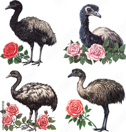 Emu bird with Rose flower vector style on white background